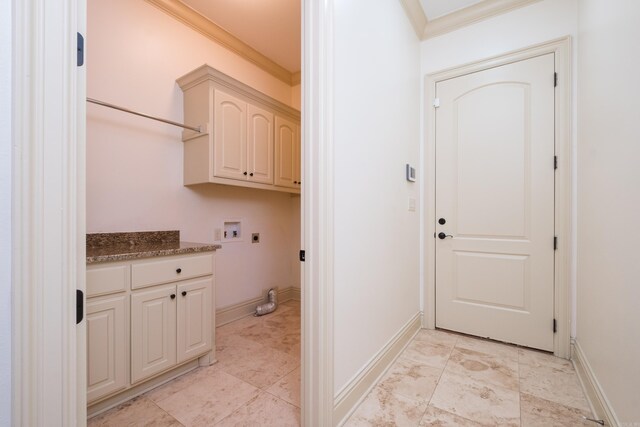 28 Talmont Pl, Little Rock, AR 72223 - laundry room featuring electric dryer hookup, washer hookup, cabinet space, crown molding, and baseboards
