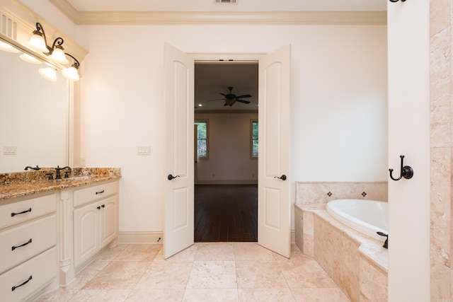 28 Talmont Pl, Little Rock, AR 72223 - bathroom with a bath, a ceiling fan, tile patterned flooring, vanity, and crown molding