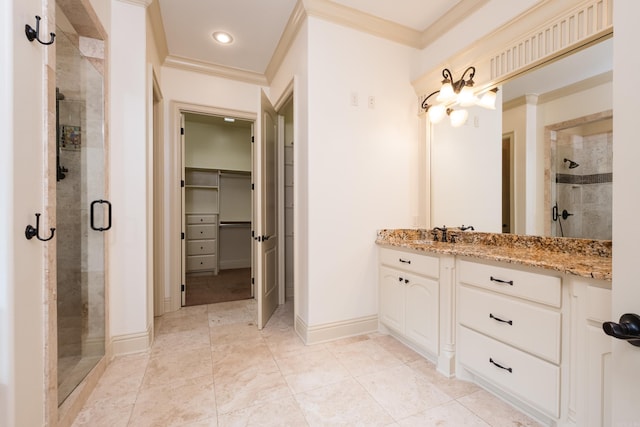 28 Talmont Pl, Little Rock, AR 72223 - full bath with a shower stall, crown molding, a spacious closet, baseboards, and vanity