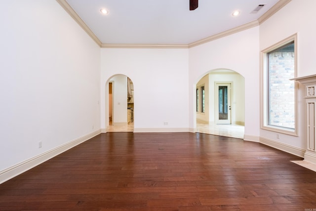 28 Talmont Pl, Little Rock, AR 72223 - empty room with wood-type flooring, crown molding, a ceiling fan, arched walkways, and recessed lighting