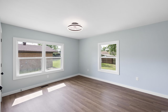 spare room with plenty of natural light, wood finished floors, and baseboards