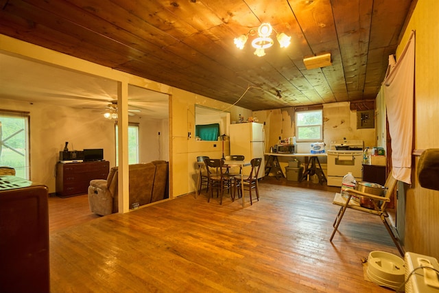 149 Firetower, Hardy, AR 72542 - dining space featuring wooden ceiling, wood finished floors, and a ceiling fan