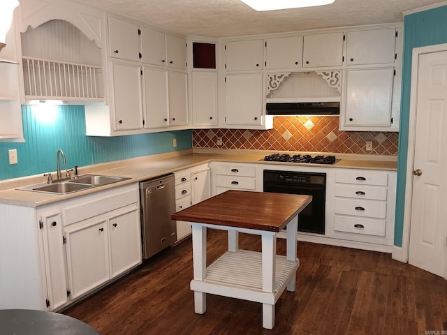 1000 Gum Springs Rd, Searcy, AR 72143 - kitchen featuring black appliances, open shelves, a sink, dark wood-style floors, and premium range hood