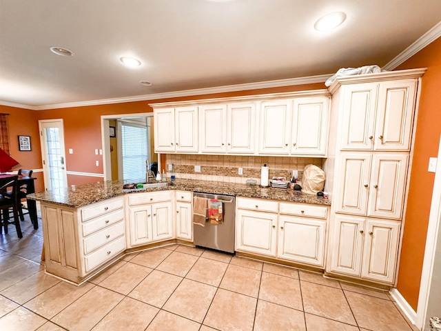 6 Palmer Ct, Searcy, AR 72143 - kitchen featuring stainless steel dishwasher, ornamental molding, tasteful backsplash, a peninsula, and light tile patterned flooring
