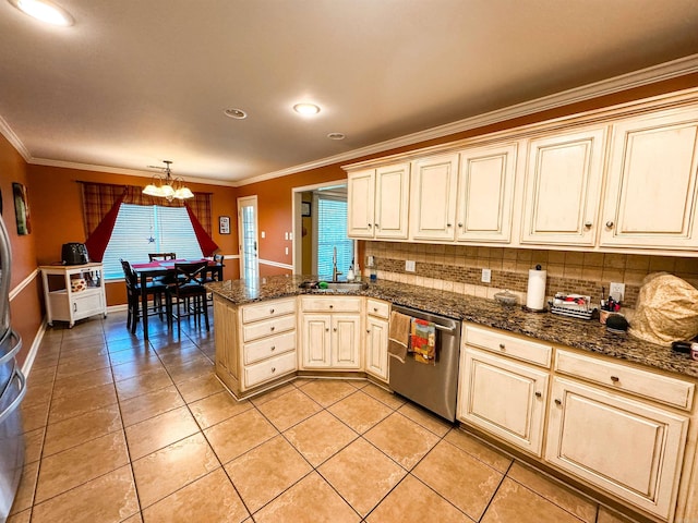6 Palmer Ct, Searcy, AR 72143 - kitchen featuring dishwasher, a sink, cream cabinets, a chandelier, and crown molding