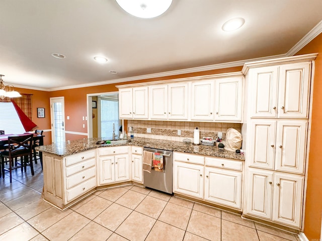 6 Palmer Ct, Searcy, AR 72143 - kitchen with stainless steel dishwasher, a sink, a peninsula, ornamental molding, and decorative backsplash