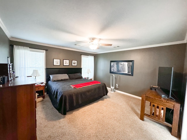 6 Palmer Ct, Searcy, AR 72143 - bedroom with carpet, ornamental molding, multiple windows, baseboards, and ceiling fan