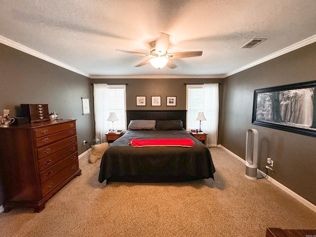 6 Palmer Ct, Searcy, AR 72143 - bedroom featuring light colored carpet, a textured ceiling, ornamental molding, ceiling fan, and baseboards