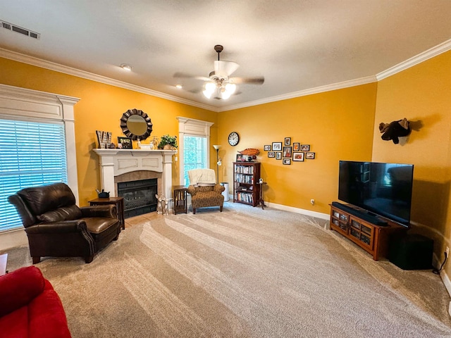 6 Palmer Ct, Searcy, AR 72143 - carpeted living area featuring ornamental molding, ceiling fan, baseboards, and a tiled fireplace