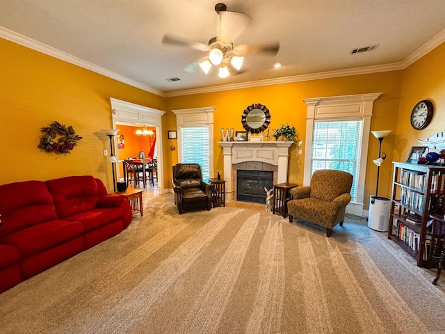 6 Palmer Ct, Searcy, AR 72143 - carpeted living area with a ceiling fan, a tiled fireplace, and ornamental molding