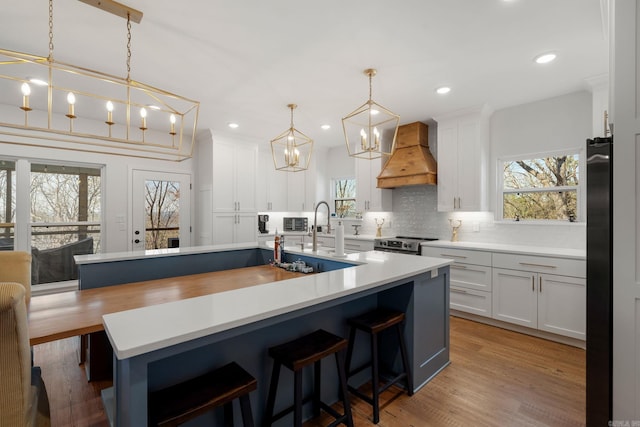 9 Lakeview Ter, Mount Ida, AR 71957 - kitchen featuring premium range hood, stainless steel range with electric stovetop, a sink, decorative backsplash, and plenty of natural light