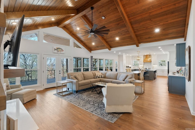9 Lakeview Ter, Mount Ida, AR 71957 - living area with wood ceiling with exposed beams, high vaulted ceiling, ceiling fan, light wood-style floors, and recessed lighting
