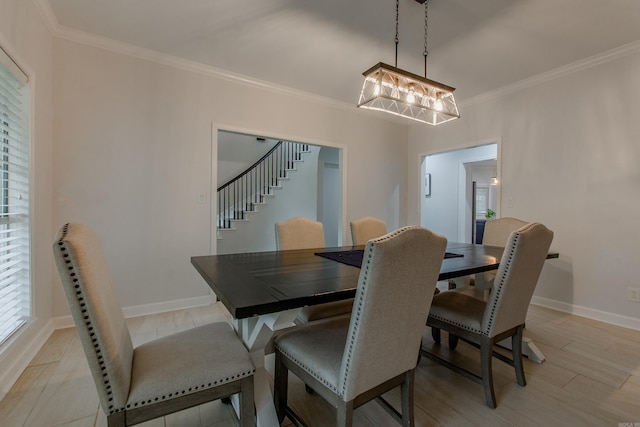 10 Silverwood Ct, North Little Rock, AR 72116 - dining room with a chandelier, ornamental molding, stairway, and baseboards