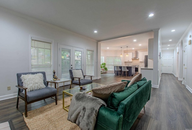 10 Silverwood Ct, North Little Rock, AR 72116 - living area featuring recessed lighting, crown molding, baseboards, and dark wood-style flooring