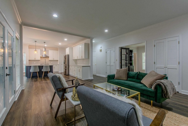 10 Silverwood Ct, North Little Rock, AR 72116 - living room with ornamental molding, dark wood-style floors, recessed lighting, french doors, and baseboards