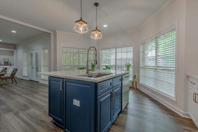 10 Silverwood Ct, North Little Rock, AR 72116 - kitchen with blue cabinets, a sink, light countertops, stainless steel dishwasher, and dark wood-style flooring