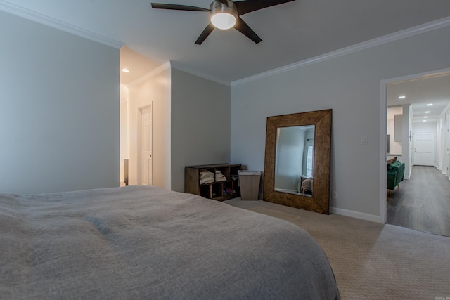 10 Silverwood Ct, North Little Rock, AR 72116 - bedroom with ornamental molding, baseboards, carpet flooring, a ceiling fan, and recessed lighting