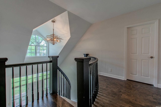 10 Silverwood Ct, North Little Rock, AR 72116 - stairs with a chandelier, wood finished floors, baseboards, and lofted ceiling