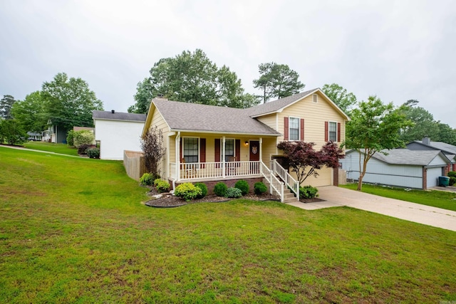 1520 Calgary Cv, Little Rock, AR 72211 - split level home featuring a porch, driveway, a front yard, an attached garage, and a shingled roof