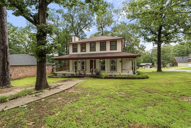 40 High Timber Dr, Maumelle, AR 72113 - farmhouse inspired home with a chimney, a porch, and a front yard