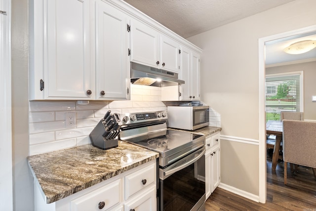40 High Timber Dr, Maumelle, AR 72113 - kitchen with electric stove, under cabinet range hood, dark wood-style flooring, backsplash, and white cabinetry