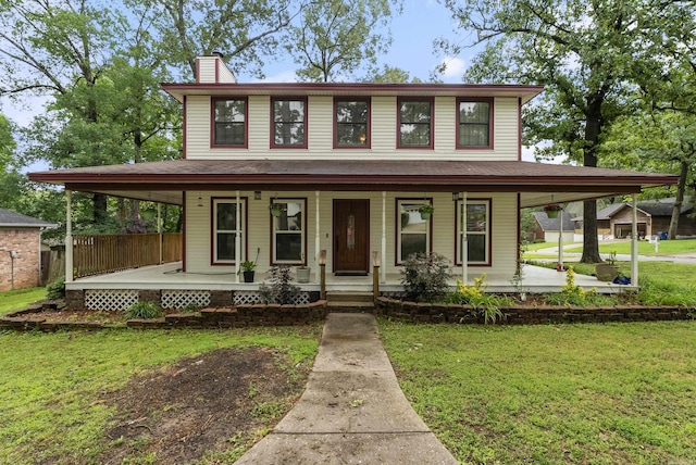 40 High Timber Dr, Maumelle, AR 72113 - farmhouse featuring covered porch, a chimney, and a front lawn