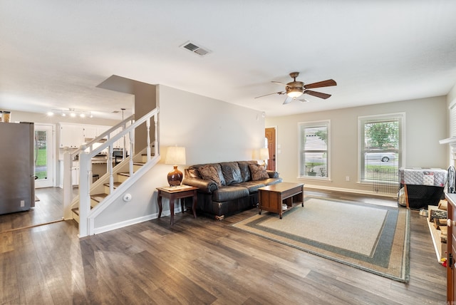 40 High Timber Dr, Maumelle, AR 72113 - living room with a ceiling fan, stairs, wood finished floors, and baseboards
