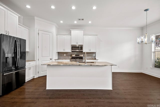 425 Valley Ranch Cir, Little Rock, AR 72223 - kitchen featuring stainless steel appliances, crown molding, backsplash, a sink, and a chandelier