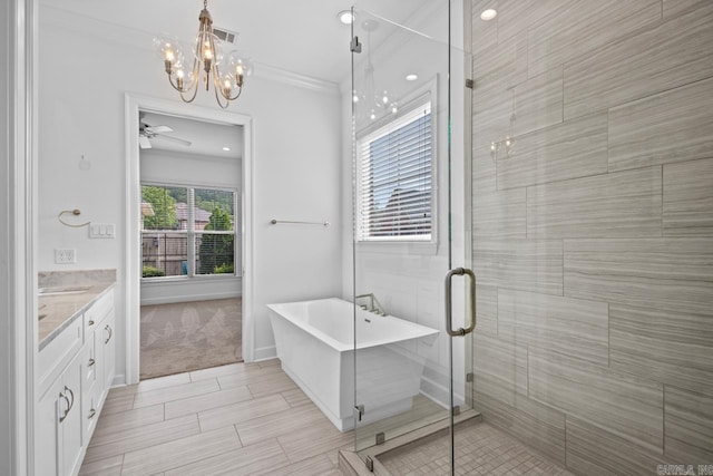 425 Valley Ranch Cir, Little Rock, AR 72223 - full bathroom with a chandelier, vanity, a stall shower, ceiling fan, and ornamental molding