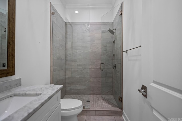 425 Valley Ranch Cir, Little Rock, AR 72223 - bathroom with a shower stall, toilet, vanity, recessed lighting, and tile patterned flooring