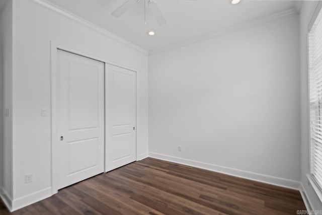 425 Valley Ranch Cir, Little Rock, AR 72223 - unfurnished bedroom featuring crown molding, baseboards, dark wood finished floors, a closet, and recessed lighting