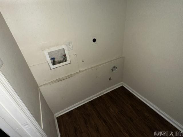 3509 Arapaho Trl, Little Rock, AR 72209 - laundry room featuring dark wood-style flooring, electric dryer hookup, hookup for a washing machine, and baseboards