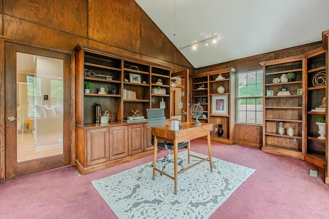 6220 Hopi Dr, North Little Rock, AR 72116 - office space with light carpet, wood walls, high vaulted ceiling, and rail lighting