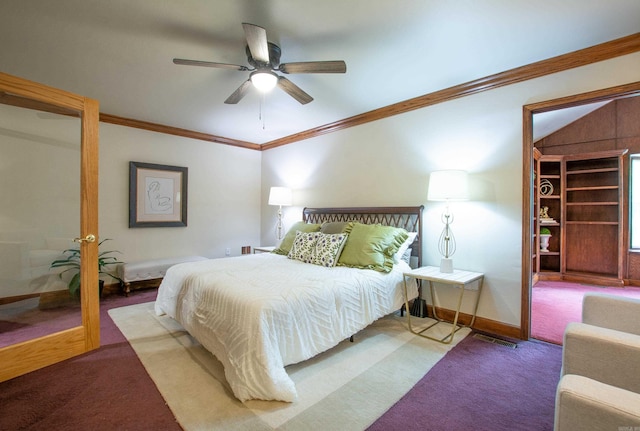 6220 Hopi Dr, North Little Rock, AR 72116 - bedroom with carpet floors, crown molding, baseboards, a ceiling fan, and french doors