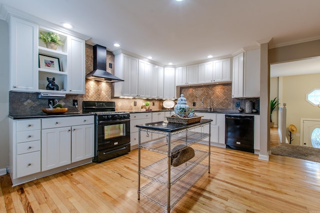 6220 Hopi Dr, North Little Rock, AR 72116 - kitchen with wall chimney exhaust hood, black appliances, light wood-style flooring, a sink, and ornamental molding