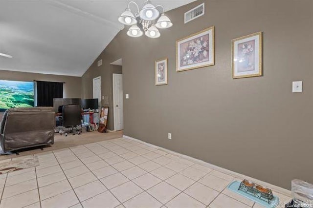 503 Westpine Dr, Hot Springs, AR 71913 - living room featuring lofted ceiling, a chandelier, light tile patterned floors, an office area, and baseboards