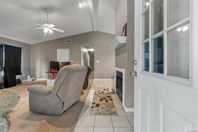 503 Westpine Dr, Hot Springs, AR 71913 - living room with light tile patterned floors, a fireplace, ceiling fan, and baseboards