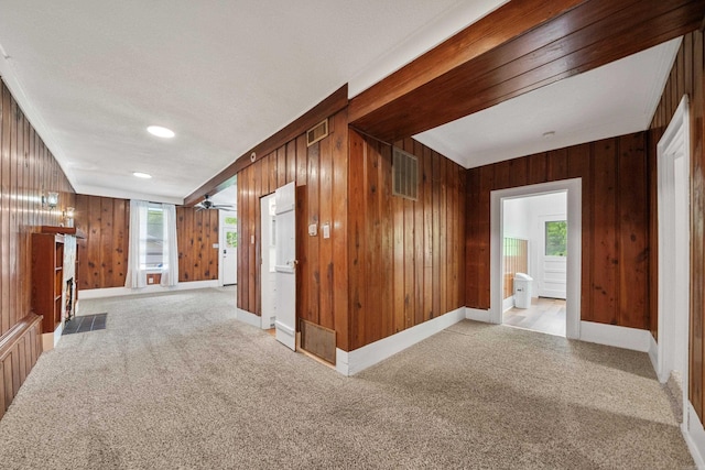 169 Crest St, Hot Springs, AR 71901 - hall featuring wooden walls, plenty of natural light, light carpet, and baseboards