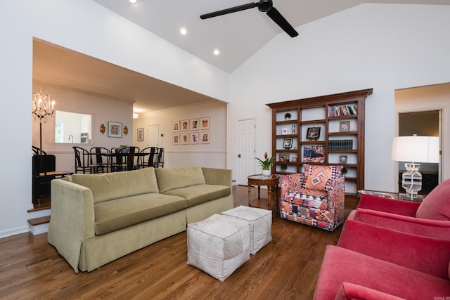 3501 Oakwood Rd Unit 9, Little Rock, AR 72202 - living room with wood finished floors, ceiling fan, high vaulted ceiling, a chandelier, and recessed lighting