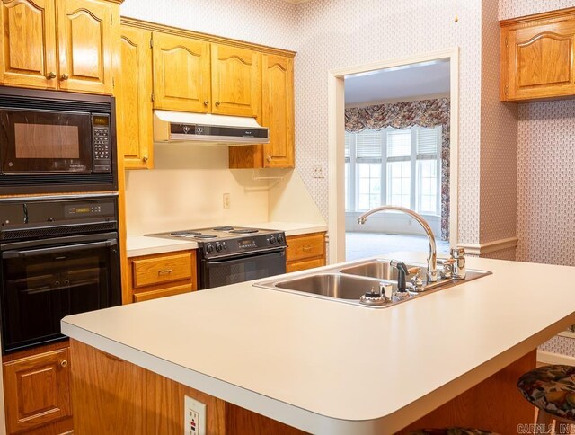 4 Hunter Ct, Little Rock, AR 72211 - kitchen with black appliances, wallpapered walls, under cabinet range hood, a sink, and an island with sink