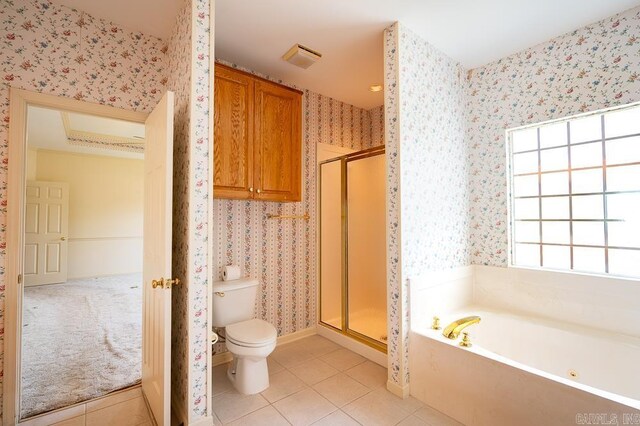 4 Hunter Ct, Little Rock, AR 72211 - full bathroom featuring wallpapered walls, a shower stall, toilet, tile patterned floors, and a bath