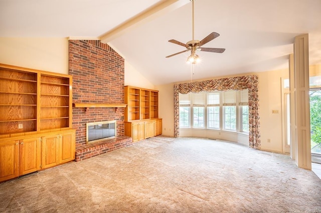 4 Hunter Ct, Little Rock, AR 72211 - unfurnished living room featuring a ceiling fan, light colored carpet, healthy amount of natural light, beamed ceiling, and a fireplace
