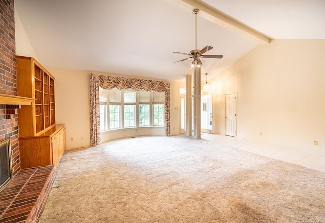 4 Hunter Ct, Little Rock, AR 72211 - unfurnished living room featuring a ceiling fan, carpet flooring, and a brick fireplace