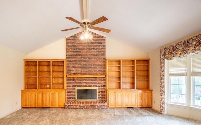 4 Hunter Ct, Little Rock, AR 72211 - unfurnished living room featuring a ceiling fan, lofted ceiling, light carpet, and a fireplace