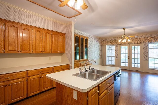 4 Hunter Ct, Little Rock, AR 72211 - kitchen featuring wallpapered walls, a sink, dishwashing machine, a ceiling fan, and brown cabinets