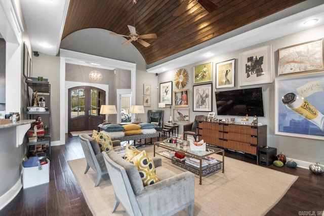 9021 Naples Cv, Benton, AR 72019 - living area featuring wood ceiling, vaulted ceiling, a ceiling fan, baseboards, and wood finished floors