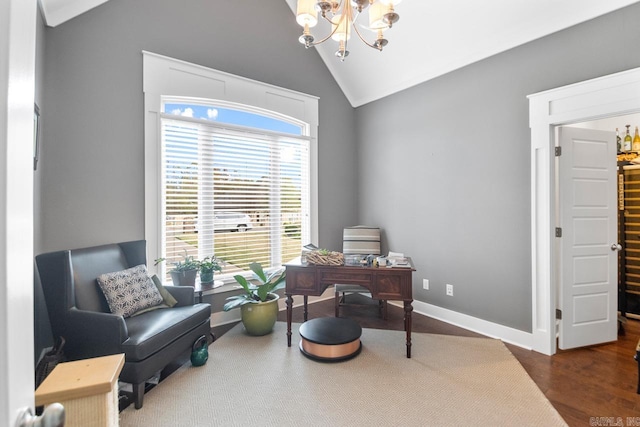 9021 Naples Cv, Benton, AR 72019 - office space featuring a chandelier, lofted ceiling, baseboards, and wood finished floors