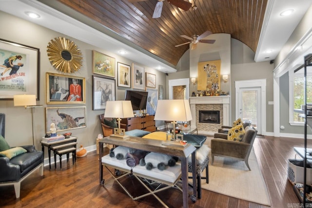 9021 Naples Cv, Benton, AR 72019 - living room with wooden ceiling, lofted ceiling, ceiling fan, baseboards, and a fireplace