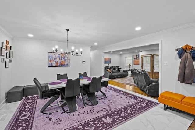 4812 Randolph Rd, North Little Rock, AR 72116 - dining space with a chandelier, ornamental molding, recessed lighting, baseboards, and marble finish flooring