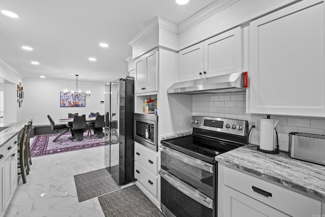 4812 Randolph Rd, North Little Rock, AR 72116 - kitchen with appliances with stainless steel finishes, under cabinet range hood, marble finish flooring, recessed lighting, and white cabinets